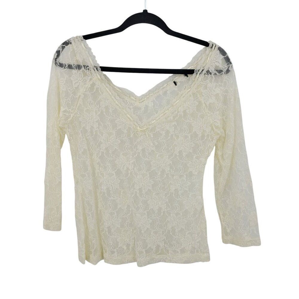 Vtg 80s‎ Vanilla Floral Lace V-Neck Top Ribbon Trim Sheer Stretch Womens Sz S